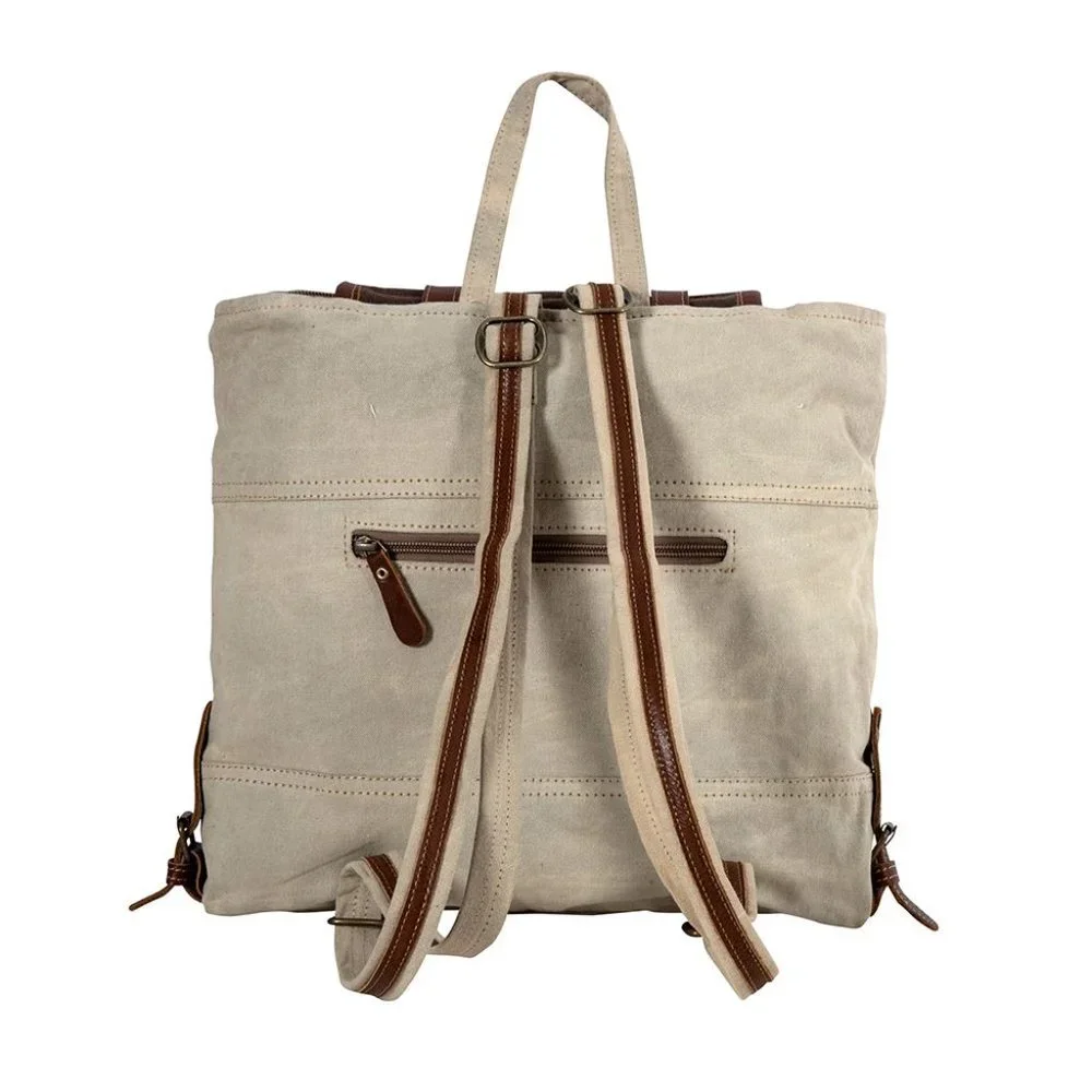 Myra Bag Handmade Army Backpack Upcycled Canvas & Cowhide Leather - Picture 5 of 10